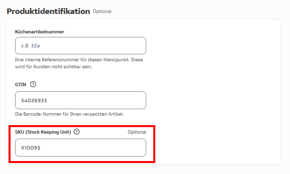 Bereich Produktidentifikation in Lieferando mit markiertem SKU-Feld und dem Beispielwert X10095.